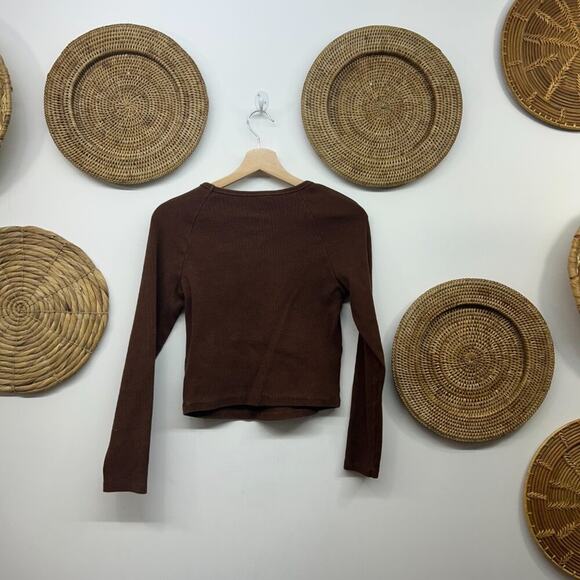 Anthropologie Neutral Brown Minimalist Ribbed Cut Out Long Sleeve Top Small - Picture 3 of 7